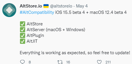 AltServer 1.5 Compatibility iOS 15.5 beta 4 and macOS Monterey 12.4 beta 4